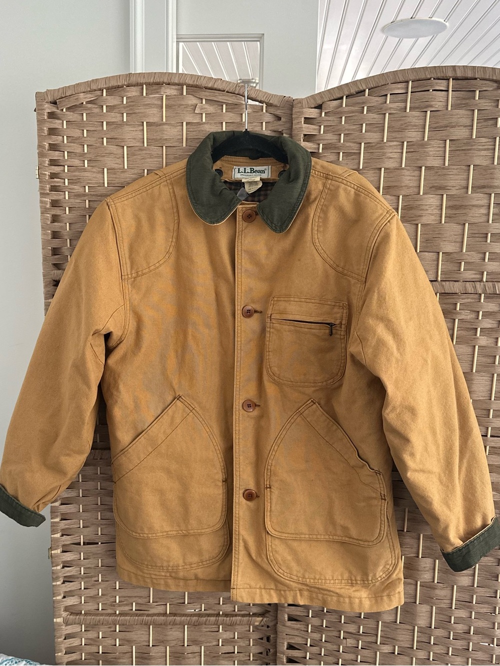 Vintage L.L. Bean Tan Canvas Field Jacket with Olive Corduroy Collar Size M